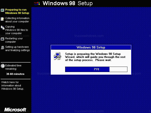 Pantalla de Preparación del Setup de Windows 98 SE