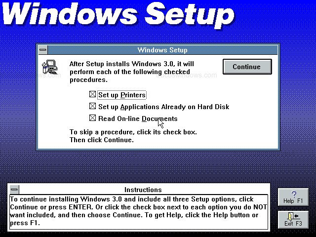 Pantalla de Instalación (Setup) de Windows 3.0 Pantalla de Instalación (Setup) de Windows 3.0