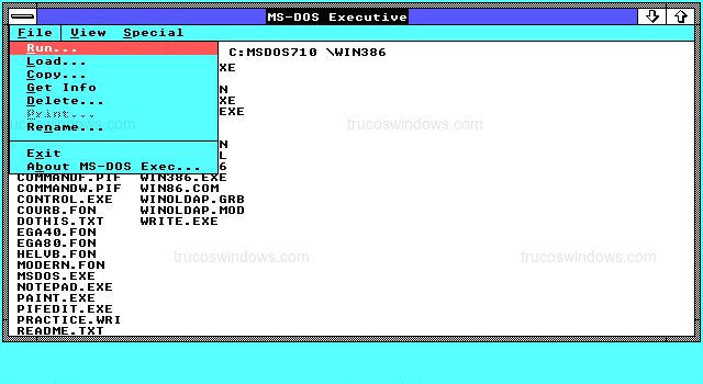 Menú File del MS-DOS Executive en Windows 2.01