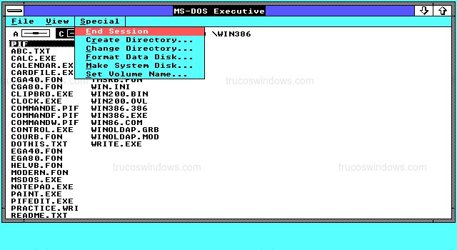 Menú Special del MS-DOS Executive en Windows 2.01