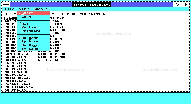 Menú View del MS-DOS Executive en Windows 2.01
