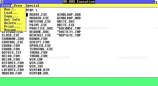MS-DOS Executive: Menú File Desplegado en Windows 1.0