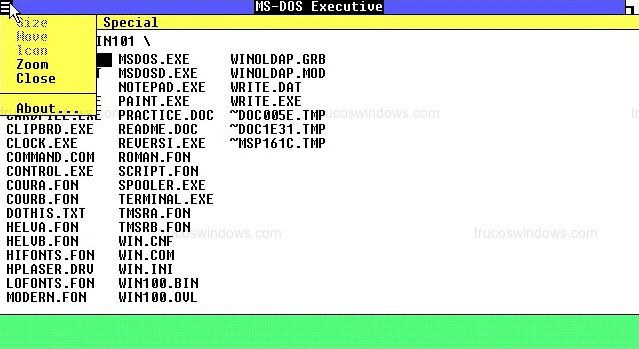 Menú de Sistema (Control de Ventana) del MS-DOS Executive en Windows 1.0