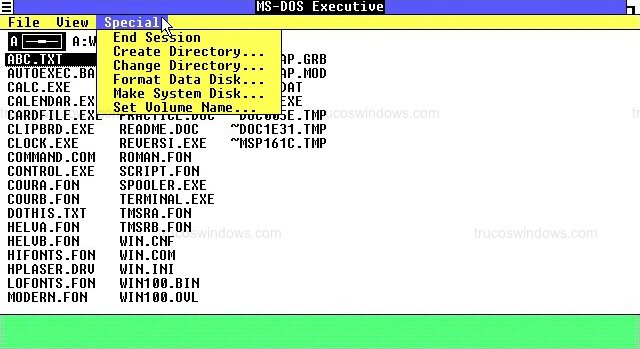 MS-DOS Executive: Menú Special Desplegado en Windows 1.0