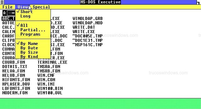 MS-DOS Executive: Menú View Desplegado en Windows 1.0