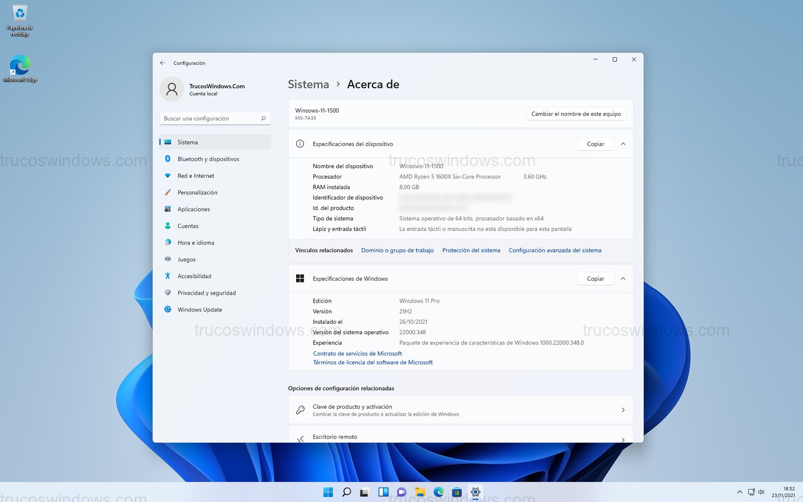 Acerca de Windows 11 y Especificaciones del Dispositivo