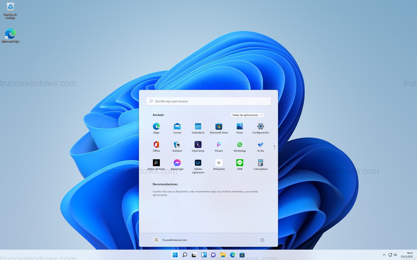 Menú de Inicio Centrado de Windows 11