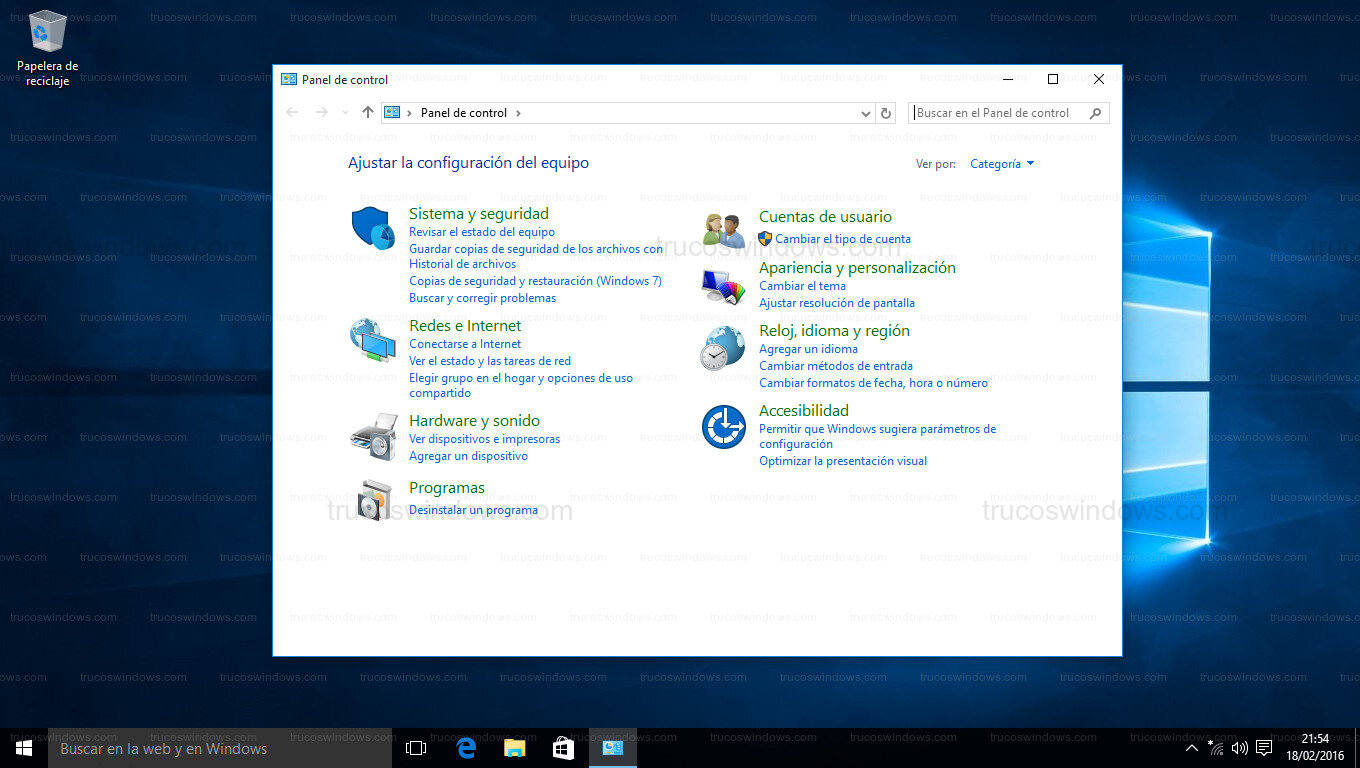Panel de Control de Windows 10 (Vista Clásica)