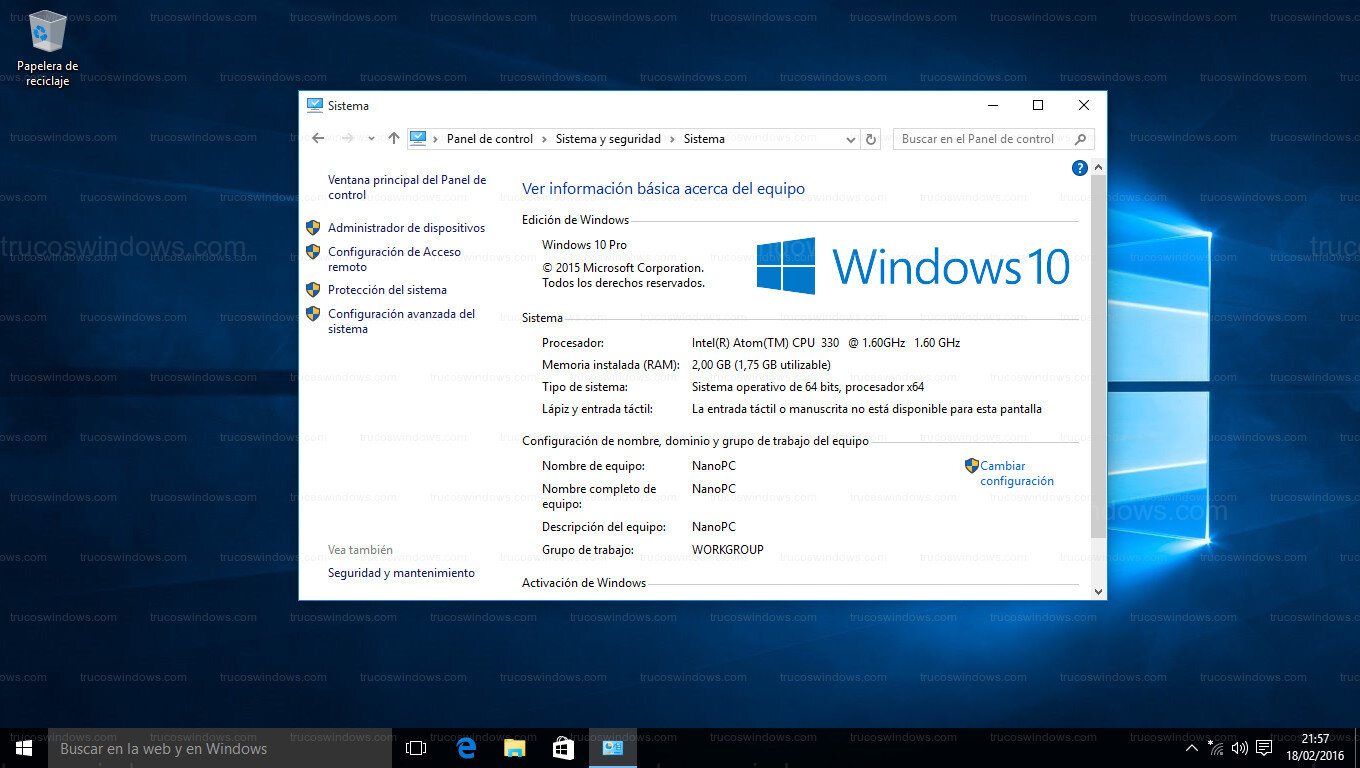 Panel de Control: Ventana Sistema de Windows 10