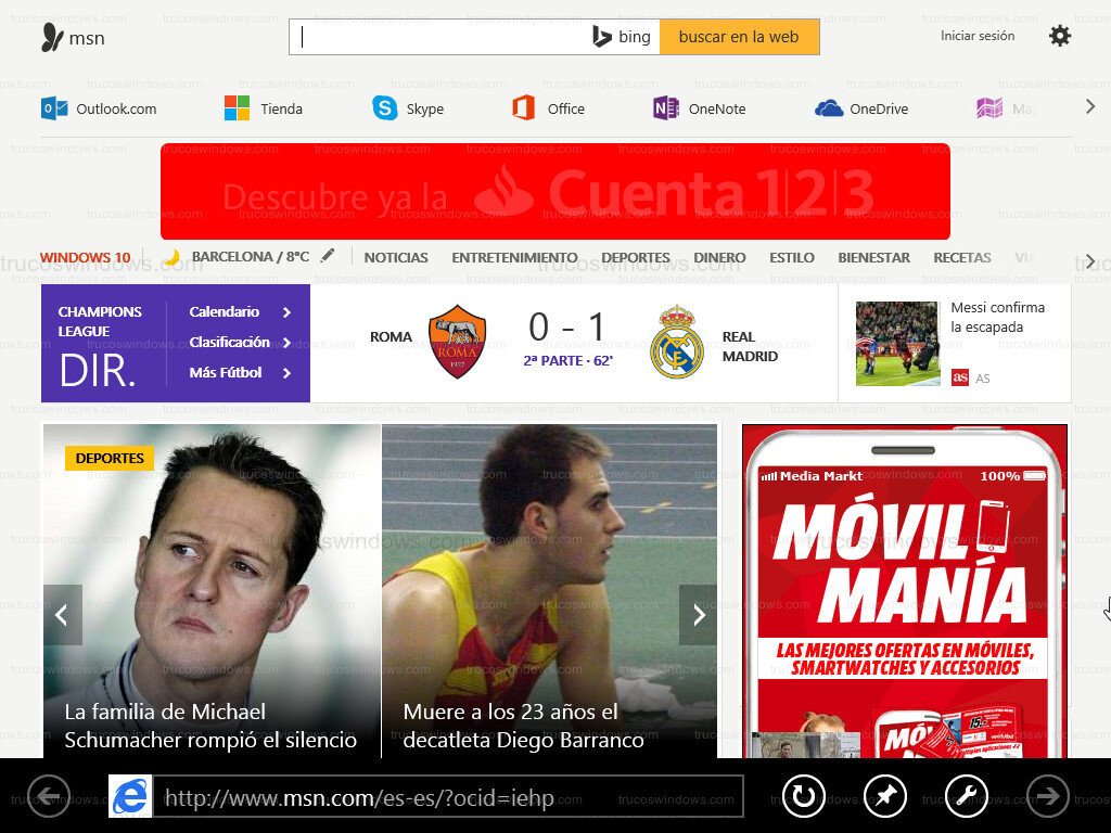 Interfaz Metro de Internet Explorer en Windows 8