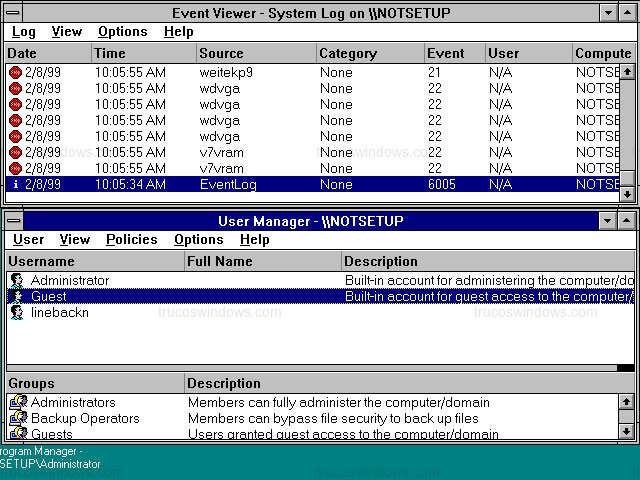 Aplicación Event Viewer de Windows NT 3.51