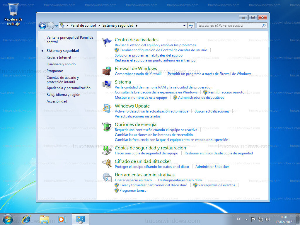 Panel de Control: Categoría Sistemas y Seguridad