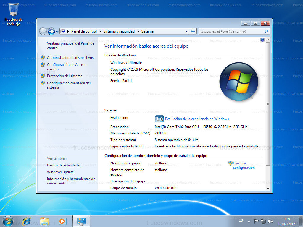 Panel de Control: Ventana Sistema de Windows 7
