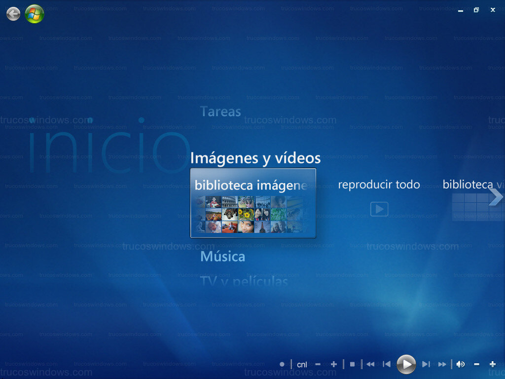 Interfaz de Windows Media Center en Vista