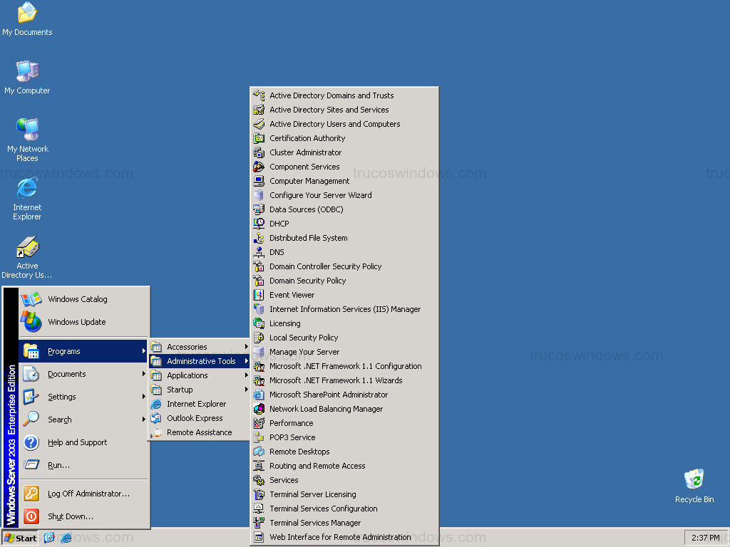 Menú Inicio con Administrative Tools (Server 2003)