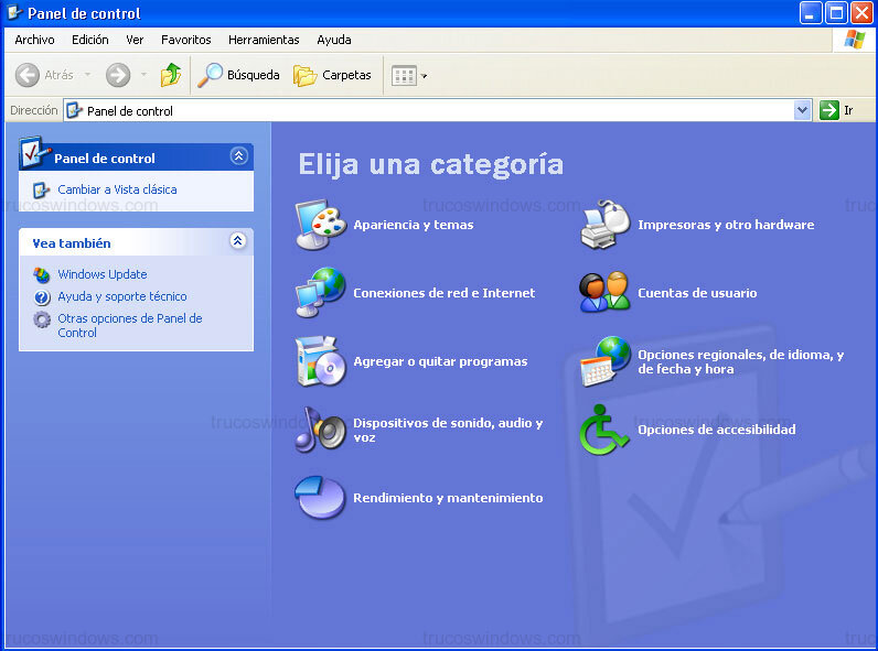 Panel de Control de Windows XP (Interfaz Luna)