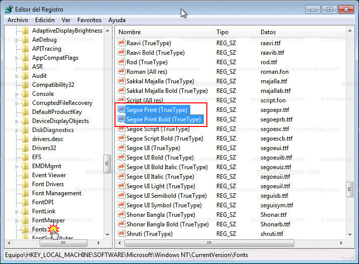 Cambio de fuente en Registro