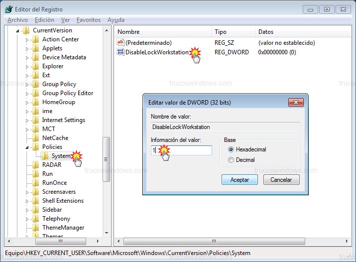 Valor DisableLockWorkstation activo Valor DisableLockWorkstation activo