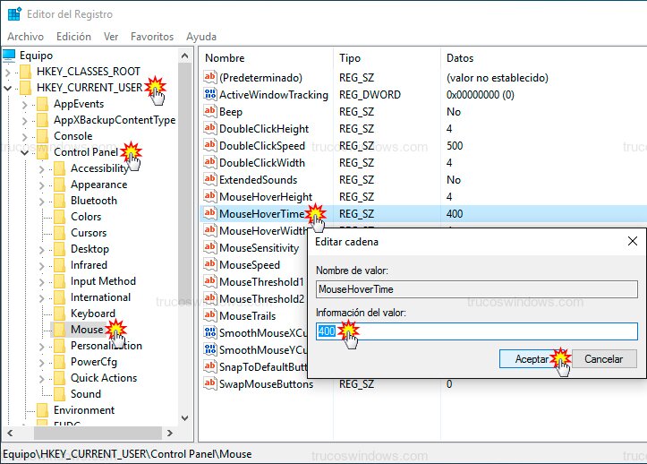 Ajustar MouseHoverTime registro Ajustar MouseHoverTime registro