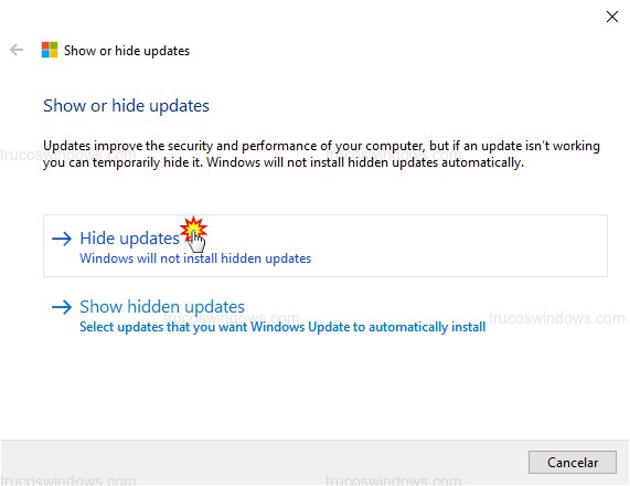 Ocultar actualización específica Ocultar actualización específica