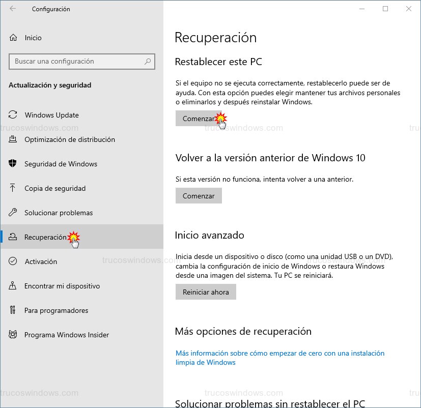 Sección Restablecer PC Sección Restablecer PC