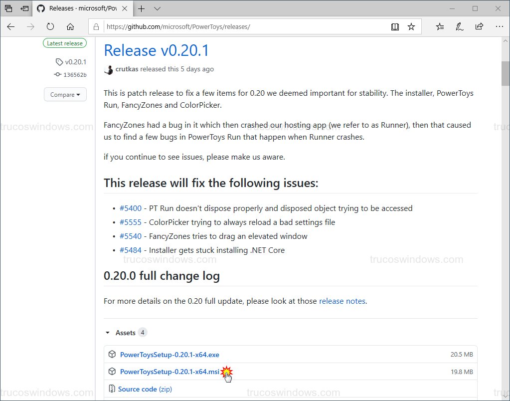 Descarga de PowerToys en GitHub