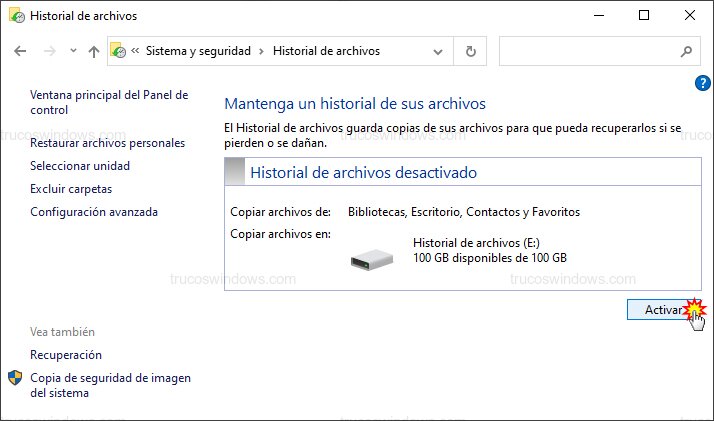 Activar Historial de archivos