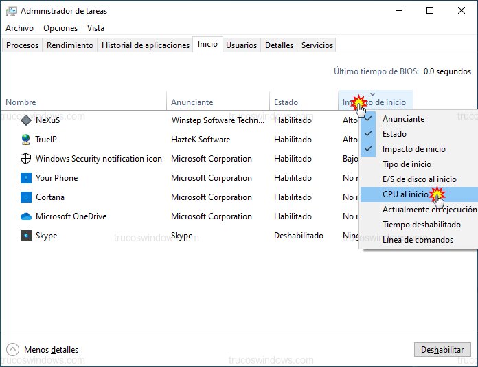 Activar columna CPU al inicio