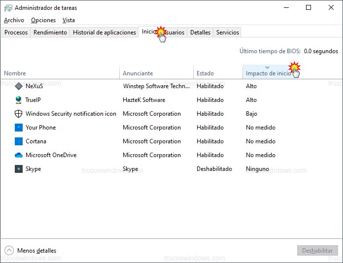 Pestaña Inicio y columna impacto