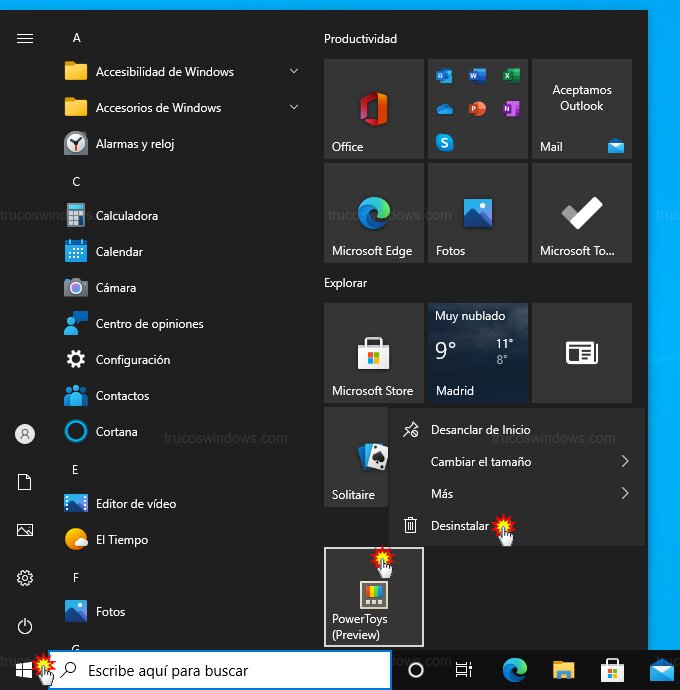 Desinstalación rápida desde Inicio