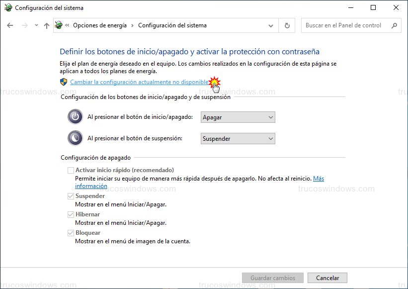 Desbloquear ajustes de energía Desbloquear ajustes de energía