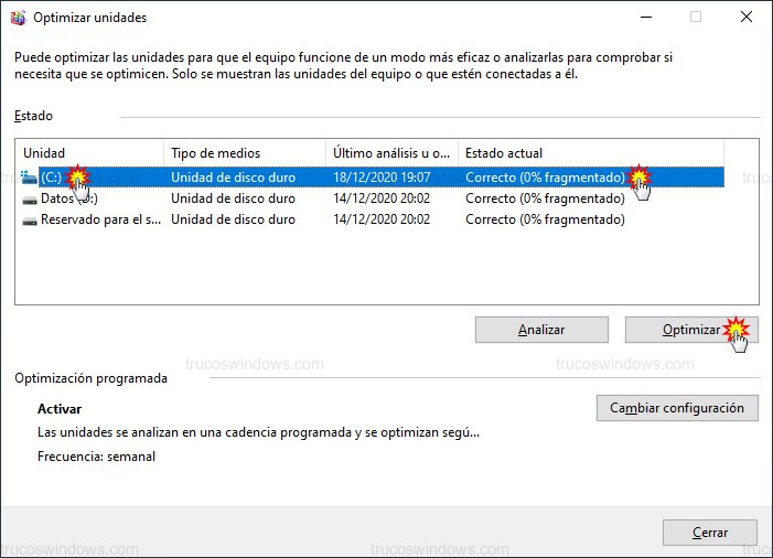 Botón Optimizar unidad