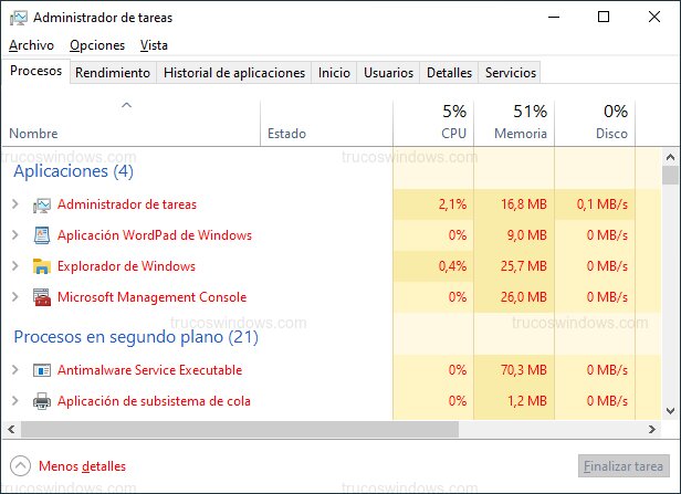 Texto en Administrador de tareas