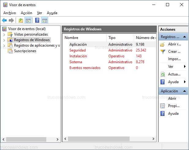 Texto en Visor de eventos