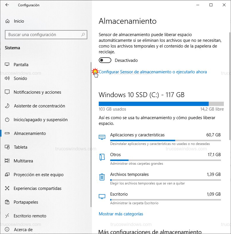 Configurar sensor de almacenamiento