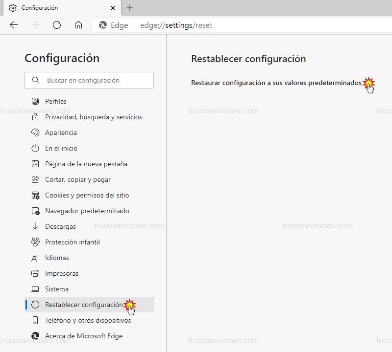 Sección Restablecer configuración