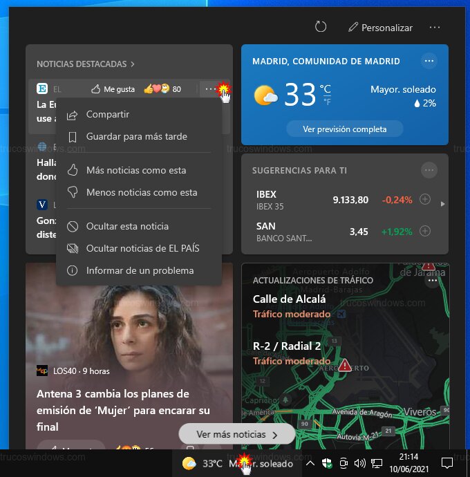 Opciones de noticia individual
