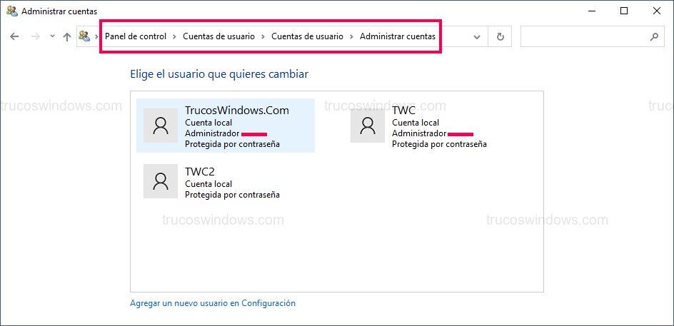 Gestión de cuentas en Panel de Control