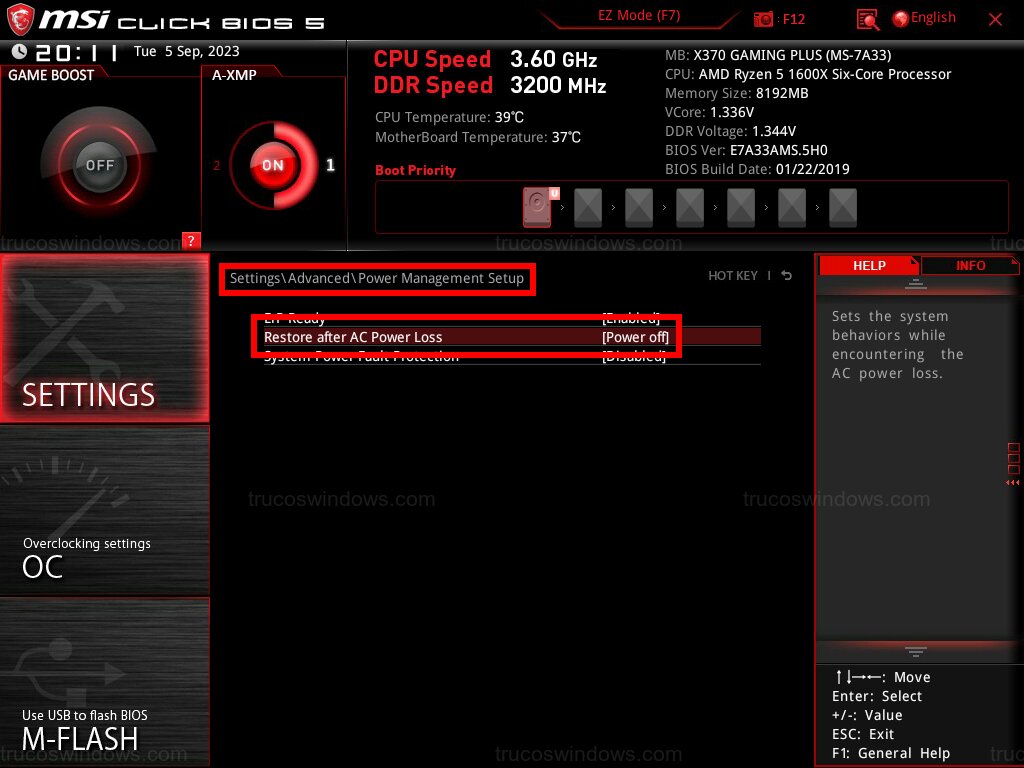 Restauración tras pérdida de energía