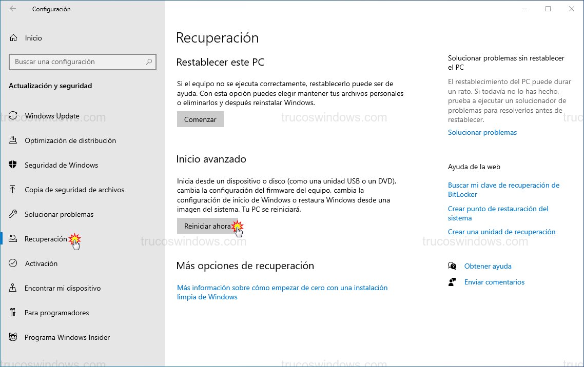 Inicio avanzado en Windows 10