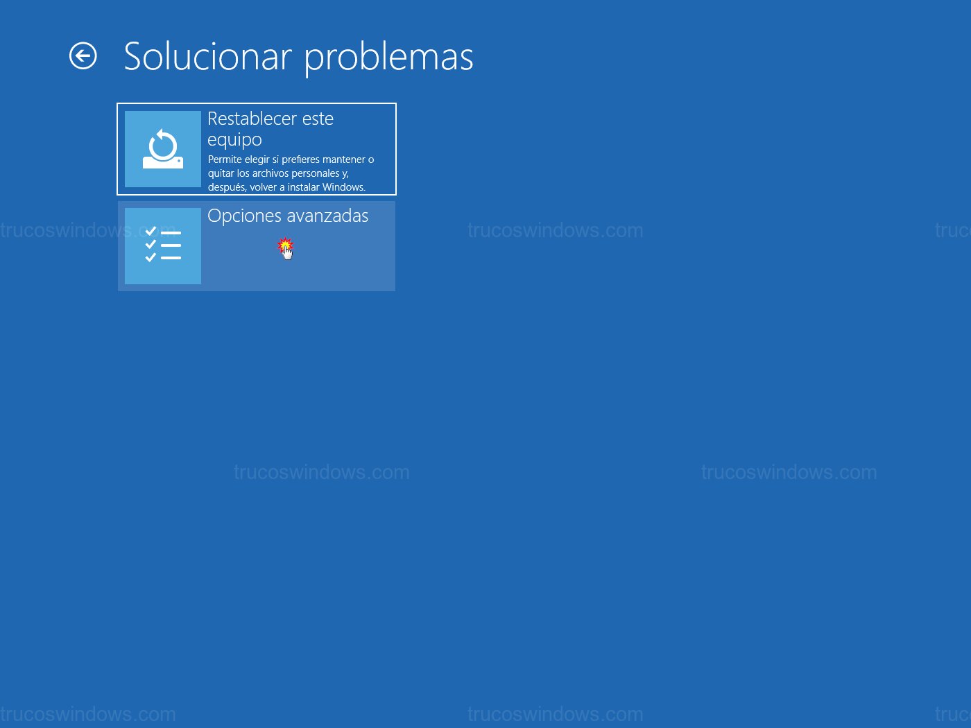 Menú de opciones avanzadas