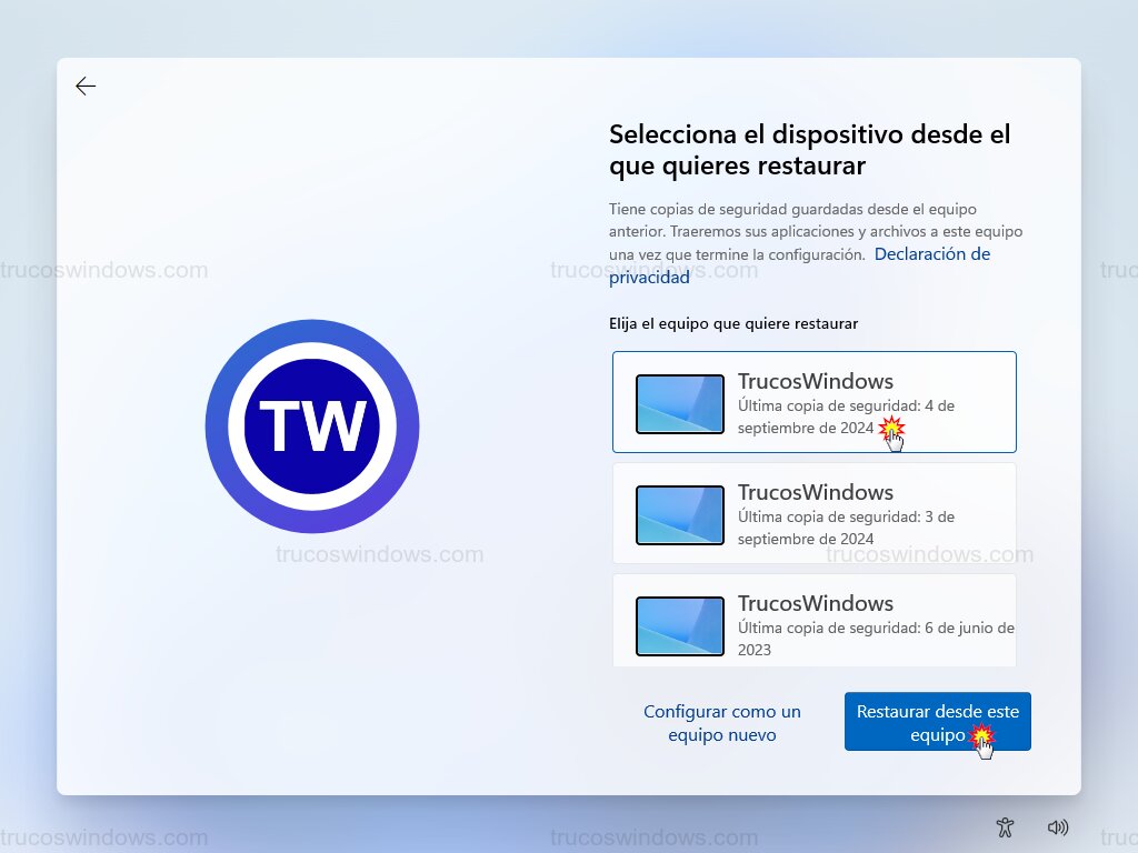 Elección de punto de restauración Elección de punto de restauración