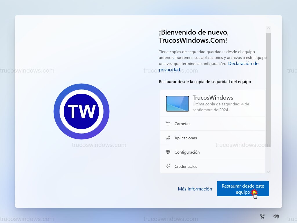 Pantalla de restauración inicial Pantalla de restauración inicial