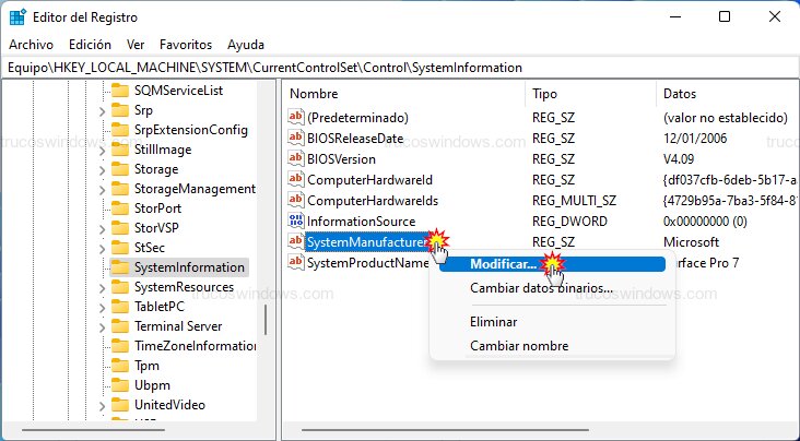 Modificar valores del registro