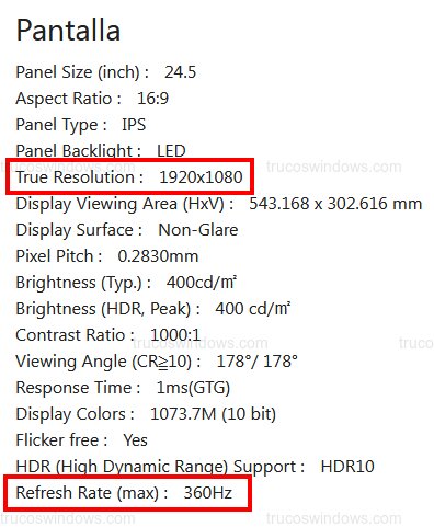 Especificaciones Monitor