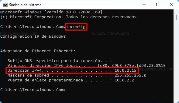 Comando ipconfig en CMD