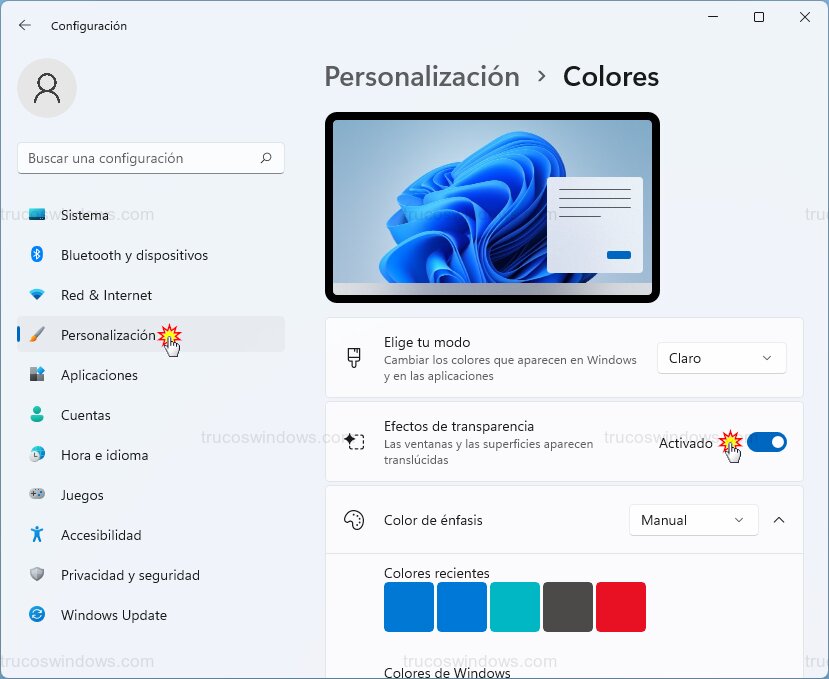 Desactivar efectos transparencia