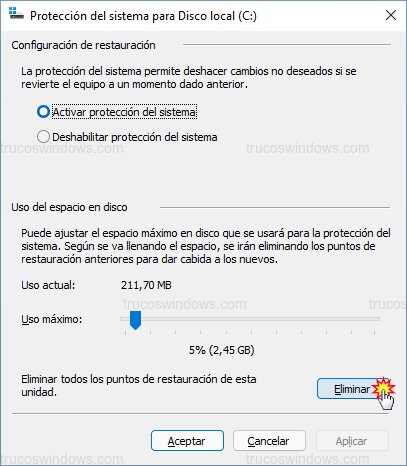 Eliminar puntos restauración Eliminar puntos restauración