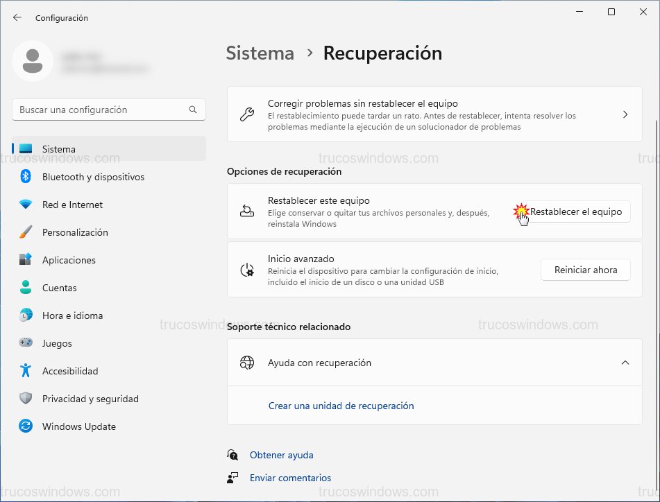 Iniciar restablecimiento de equipo
