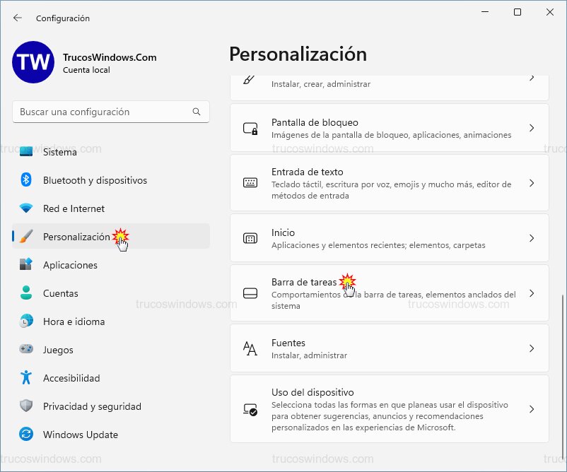 Ajustes de personalización barra de tareas